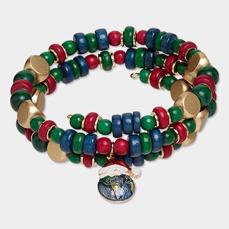Memory wire bracelet with Christmas colored wood beads